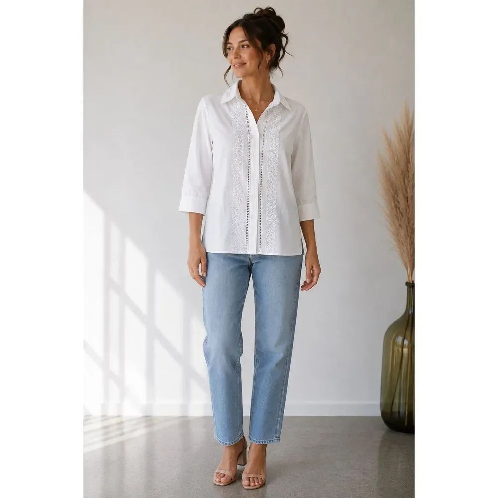 Alfred Dunner White Embroidered Button Up Blouse Women’s Sz16 Cotton 3/4 Sleeve